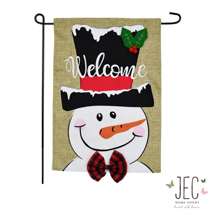 Snowman Top Hat Welcome Burlap 2-Sided Garden Flag 12.5x18"