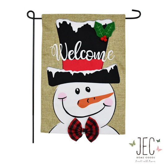 Snowman Top Hat Welcome Burlap 2-Sided Garden Flag 12.5x18"