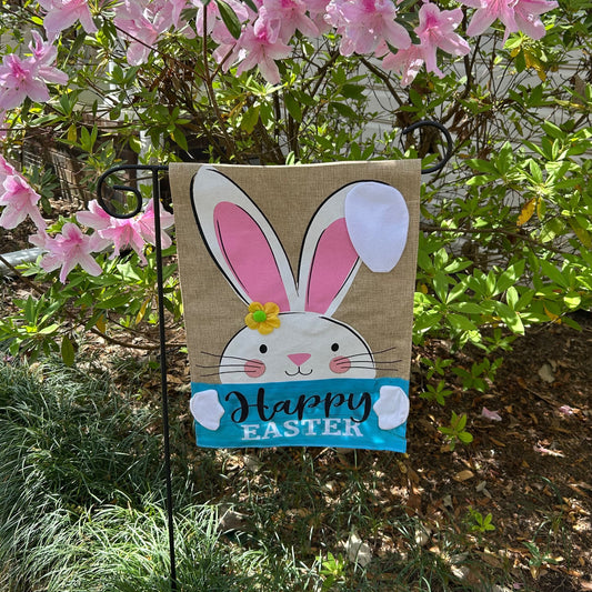 Bunny With Happy Easter Sign Burlap 2-Sided Garden Flag 12.5x18"
