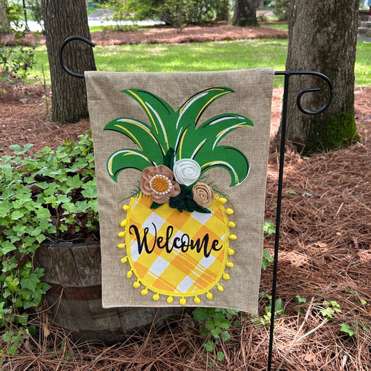 Pineapple Pom Pom Welcome Burlap 2-Sided Garden Flag 12.5x18"