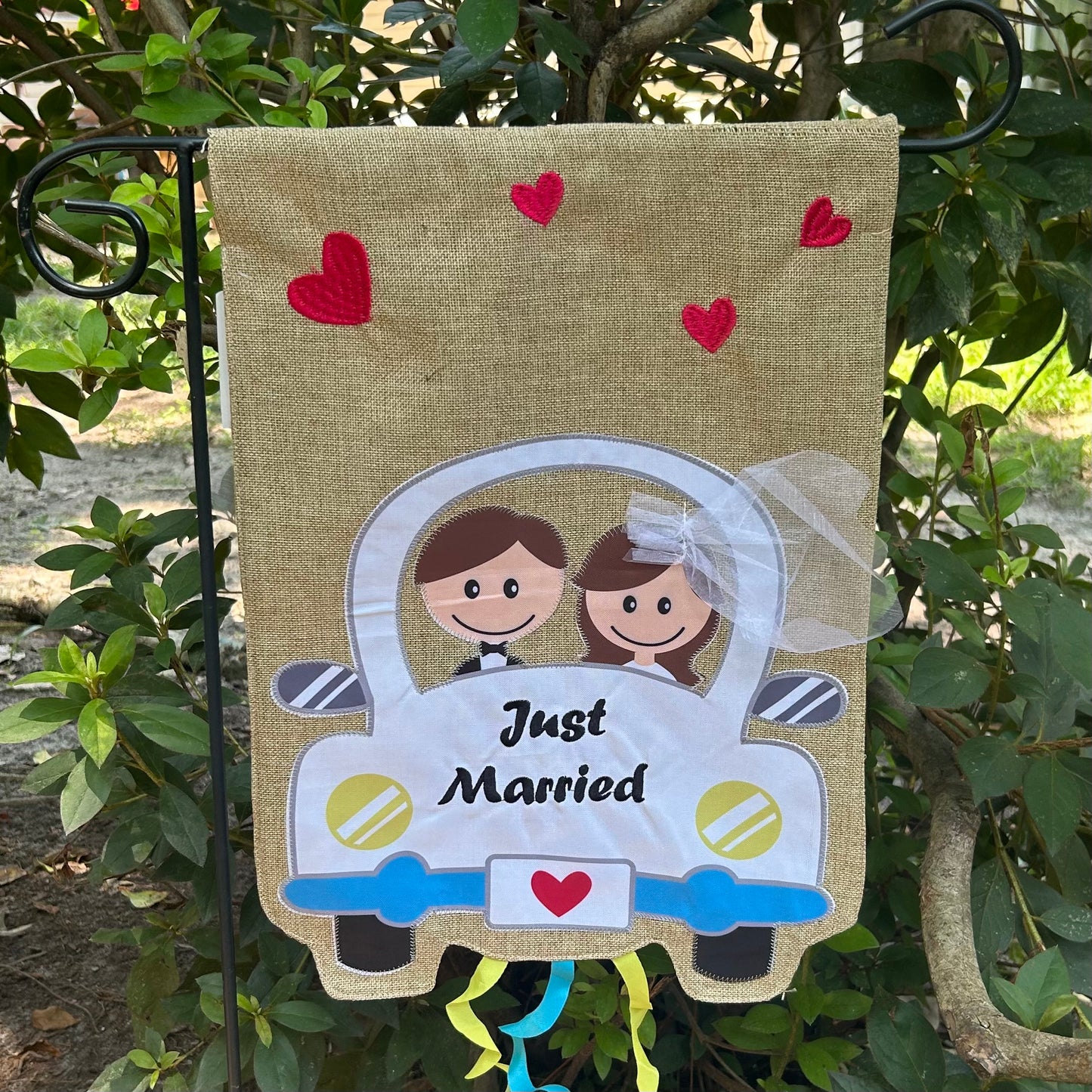 Just Married Car Burlap 2-Sided Garden Flag 12.5x18"