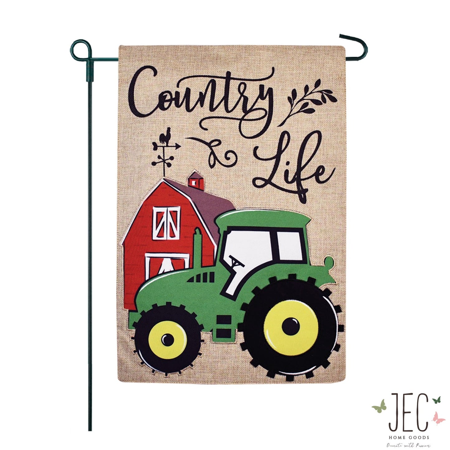 Green Tractor Burlap 2-Sided Garden Flag 12.5x18"